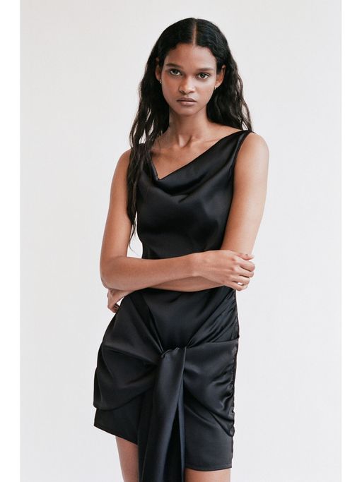 black satin dress h&m Mesh-detail satin slip dress