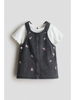 H&M - Girls Grey 2-Piece Dungaree Dress And Top Set