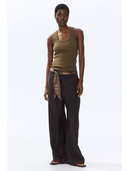 H&M - Women Brown Scarf-Detail Linen-Blend Trousers