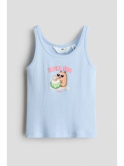 H&M - Girls Blue Ribbed Print-Motif Vest Top