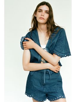 H&M - Women Blue Embroidered Denim Blouse