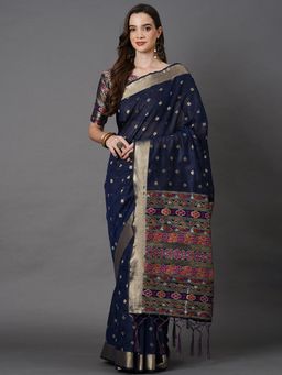 Akhilam - Women Cotton Silk Navy Blue Woven Design Designer Saree with Unstitched Blouse Piece