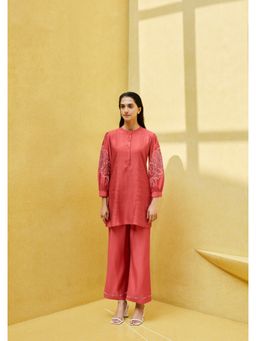 KAFTANIZE - Red Floral Embroidery Pin Tucks Viscose Tunic with Trouser