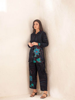 KAFTANIZE - Black Floral Sequins Viscose Shirt Pant with Bustier (Set of 3)