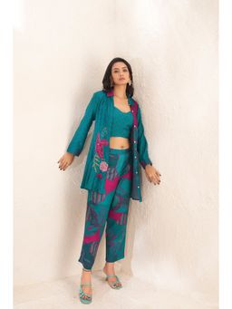 KAFTANIZE - Teal Floral Sequins Viscose Shirt Pant with Bustier (Set of 3)