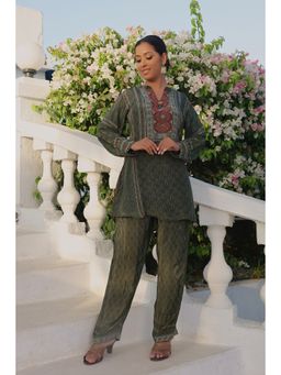 KAFTANIZE - Kyna Deep Green Contemporary Traditional Placement Print Tunic with Pant (Set of 2)