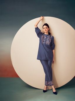 KAFTANIZE - Kiaa Dark Purple Embroidered Thread Work Ruffle Detail Tunic with Pant (Set of 2)