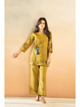 KAFTANIZE - Mustard Embroidered Peacock Muslin Tunic with Pant