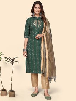 Vbuyz - Women Print & Embroidered Straight Blend Green Kurta Pant with Dupatta (Set of 3)