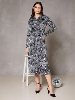 ZUMMER - Black Satin Paisley Printed Shirt Dress With Belt