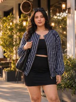 Qurvii - Navy Houndstooth Balloon Jacket