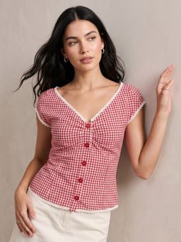 Outzidr - Red Fitted Gingham Top with Lace Detail