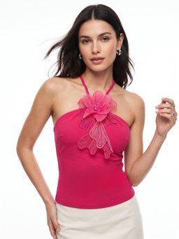 Outzidr - Pink Halter Neck Camisole With A Floral Corsage