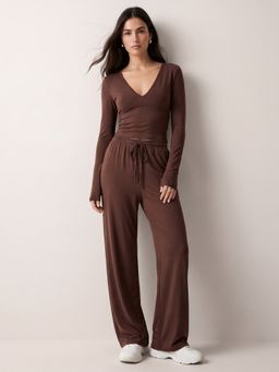 Outzidr - Brown Solid Full Sleeved Top And Pants Co-Ord Set