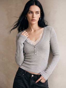 Outzidr - Grey Wide Plunge Neck Top With Lace Insters