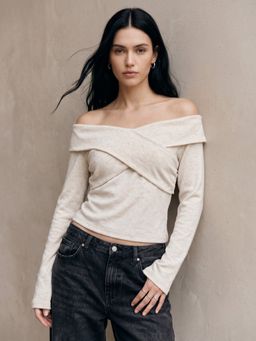 Outzidr - Cream Criss Cross Off-Shoulder Fitted Top