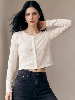 Outzidr - Off-White Button Down Textured Shrug Styled Top