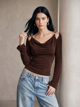 Outzidr - Brown Cold Shoulder Top With Metal Trims
