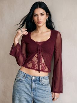 Outzidr - Wine Square Neck Lace Top With Flared Sleeves