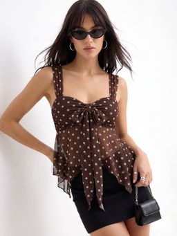 Outzidr - Brown Sweetheart Neckline Polka Dotted V Notch Hem Top