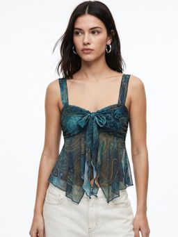Outzidr - Teal Sweetheart Neckline Printed Top With Centre Ruffle Detail