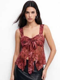 Outzidr - Burgundy Sweetheart Neck Printed Top With Centre Ruffle Detail