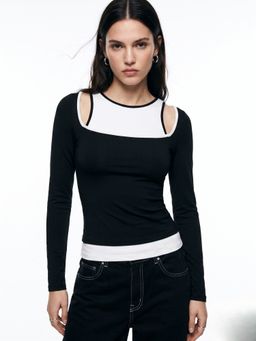 Outzidr - Black Twofer Styled Colour Blocked Top