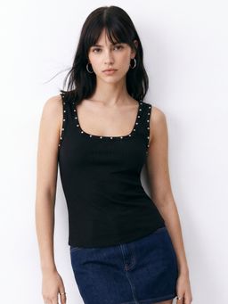 Outzidr - Black Square Neck Studded Fitted Tank Top