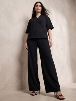 Outzidr - Black V Neck Blouse With Wide Leg Pants Co-Ord Set