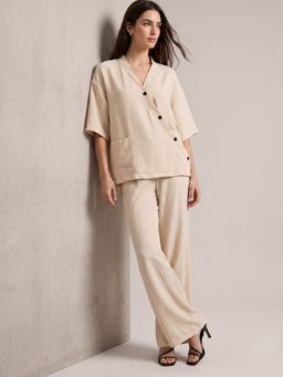Outzidr - Beige V Neck Blouse With Wide Leg Pants Co-Ord Set