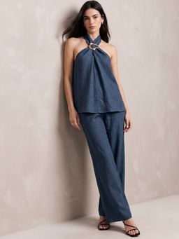 Outzidr - Teal Halter Neck Flowy To With Pants Co-Ord Set
