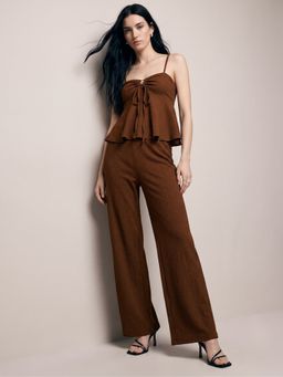 Outzidr - Brown Strappy Peplum Top With Pants Co-Ord Set
