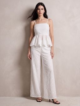 Outzidr - Off White Strappy Schiffli Top With Pants Co-Ord Set