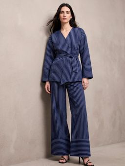 Outzidr - Navy Blue Striped Tie Up Top With Pants Co-Ord Set
