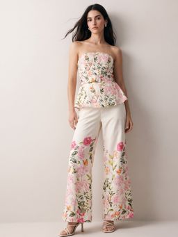 Outzidr - Off White Floral Printed Off Shoulder Co-Ord Set With Belt