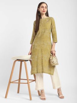 R&B - Mustard Rayon Straight Printed Kurta