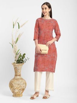 R&B - Rust Rayon Straight Printed Kurta
