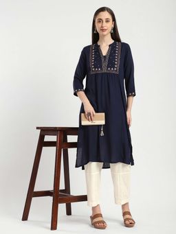 R&B - Navy Blue Rayon Slub Straight Embroidered Kurta