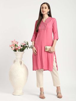 R&B - Coral Rayon Slub Straight Solid Kurta