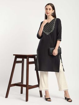R&B - Black Cotton Cambric Straight Printed Kurta