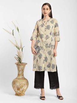 R&B - Beige Cotton Straight Printed Kurta