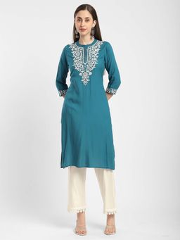 R&B - Teal Rayon Straight Embroidered Kurta