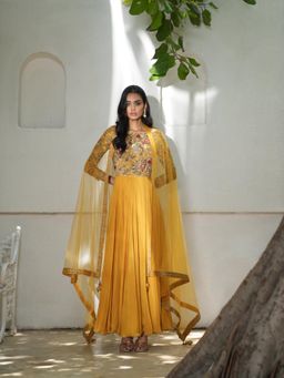 LABEL RUHBAB - Mustard Silk Chiffon Anarkali with Pant and Net Dupatta (Set of 3)