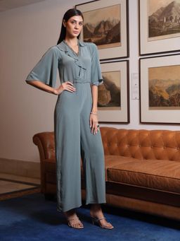 LABEL RUHBAB - Green Silk Crepe Jumpsuit with Cutwork