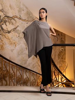 LABEL RUHBAB - Grey Asymmetrical Silk Crepe Draped Top