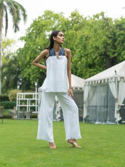 LABEL RUHBAB - White Pure Linen Fluid Top and Pant (Set of 2)