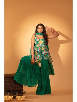 Sshilpa Samriya - Green Embroidered Sharara with Peplum Top and Dupatta (Set of 3)
