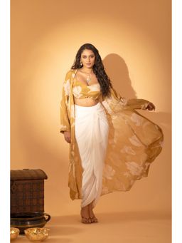 Sshilpa Samriya - Mustard Embroidered Shrug with Bustier and Drape Skirt (Set of 3)