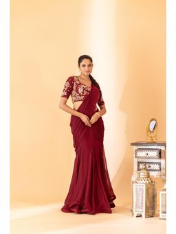 Sshilpa Samriya - A Maroon Fish Cut Style Pre-Draped Saree with Stitched Blouse