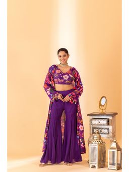 Sshilpa Samriya - Purple Floral Printed Shrug with Bustier and Sharara (Set of 3)